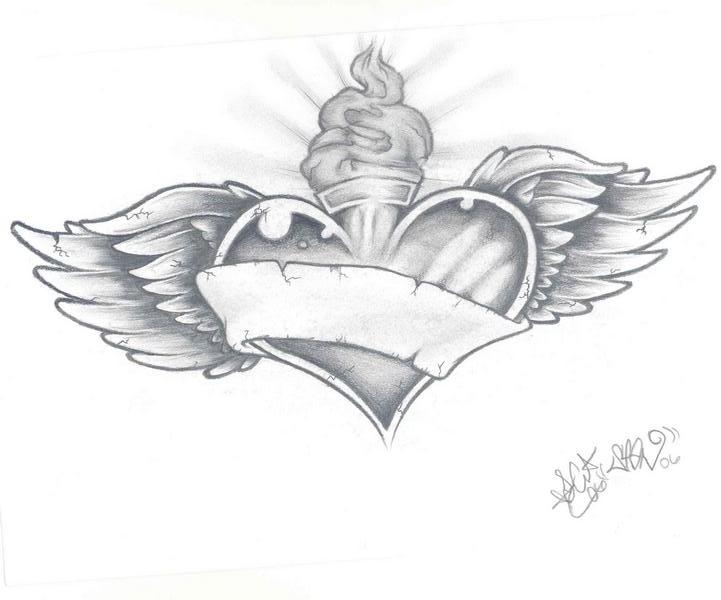 721x600 Grey Ink Sacred Heart With Banner And Wings Tattoo Design - Heart With Banner Drawing