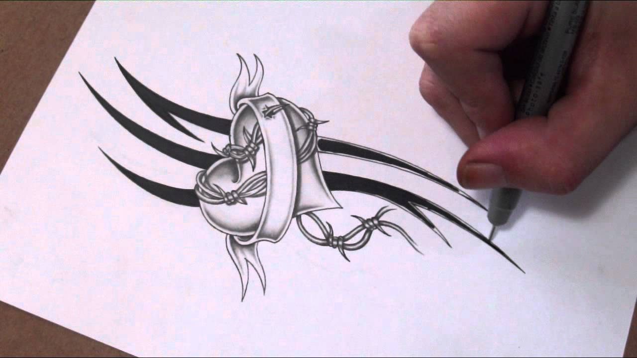 1280x720 Shading A Heart And Banner With Barbed Wire Tattoo Design - Heart With Banner Drawing