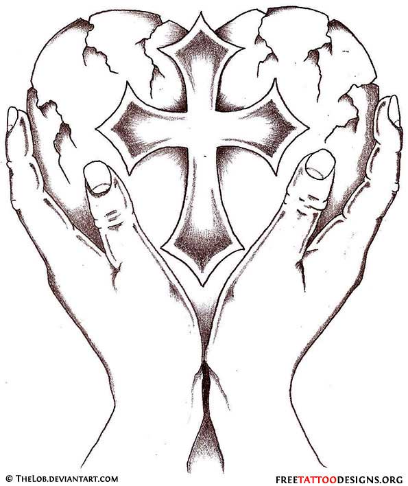 595x708 Cross Heart In Hands Tattoo Design - Heart With Hands Drawing