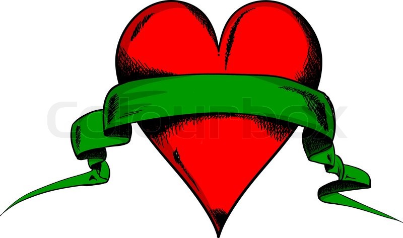 800x473 Drawing Heart With The Green Ribbon Stock Vector Colourbox - Heart With Ribbon Drawing