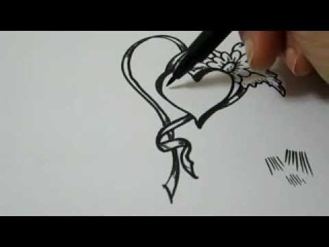 480x360 How To Draw Hearts, Flowers And Ribbon - Heart With Ribbon Drawing
