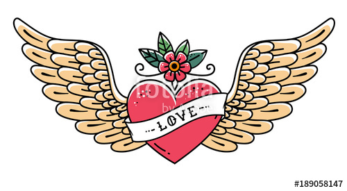 500x275 Tattoo Heart With Wings, Flower And Ribbon With Lettering Love - Heart With Ribbon Drawing