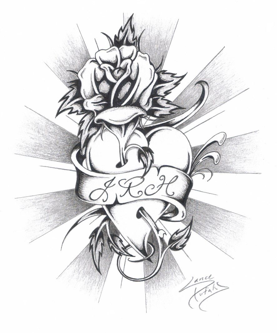 887x1067 Sketches Of Hearts And Roses Heart, Rose, And Initials - Heart With Roses Drawing