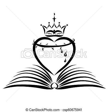 450x470 A Heart With A Crown Of Thorns And A Crown Over An Open Book - Heart With Thorns Drawing