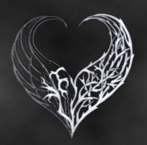 506x500 Winged Scroll Tattoos Thorn Wing Heart Art, Black, Drawing - Heart With Thorns Drawing
