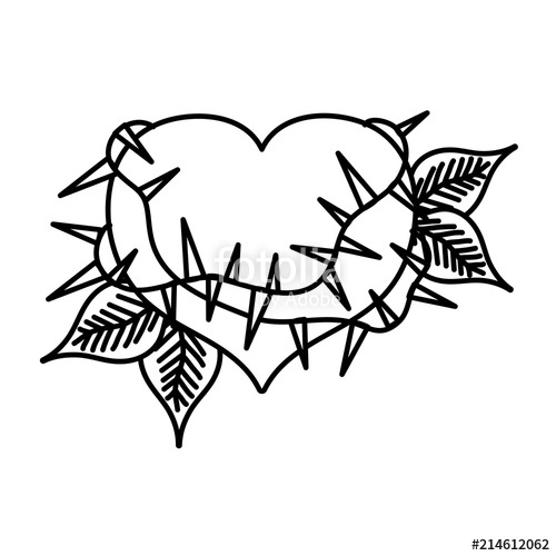 500x500 Line Heart With Thorns And Plant Branches Leaves Stock Image - Heart With Thorns Drawing