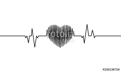 500x300 continuous line drawing of heart with heartbeat on black and white - Heartbeat Drawing
