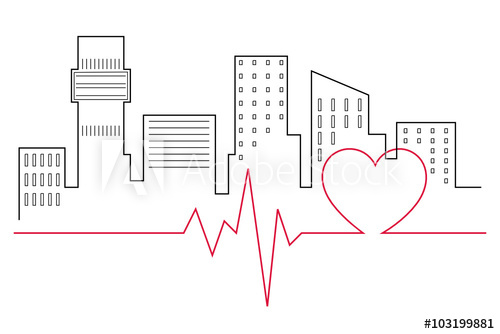 500x334 Heartbeat Line In Front Of The City Skyline Line Drawing - Heartbeat Line Drawing