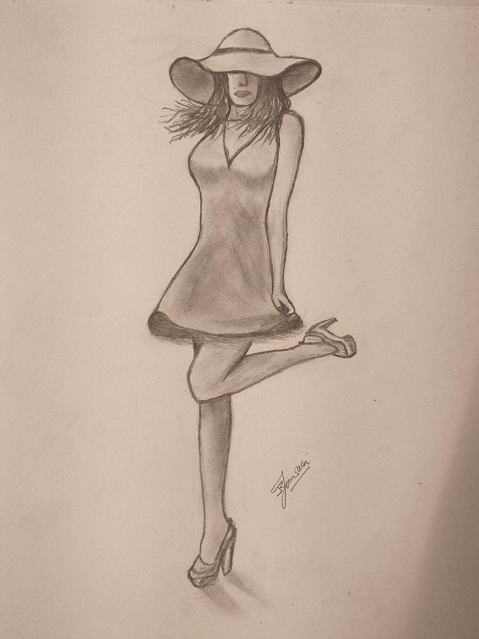675x900 girl with hat and heels drawing - Heels Drawing