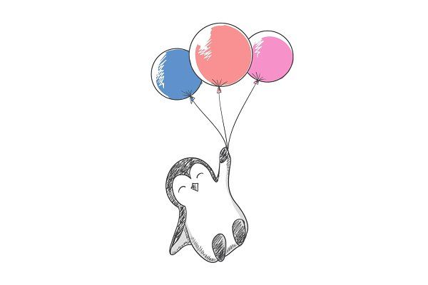 600x400 cute penguin flying with helium - Helium Drawing