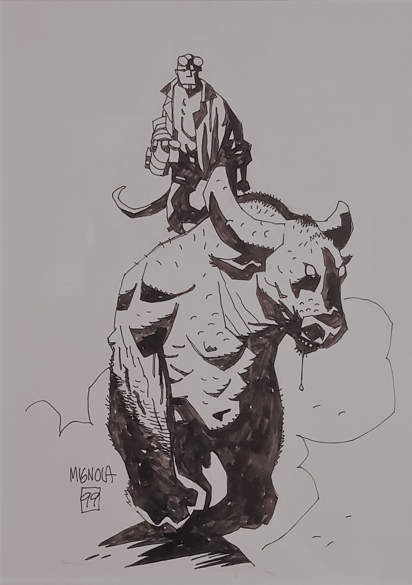 1409x2000 mike mignola drawing of hellboy with minotaur, in artless - Hellboy Drawing