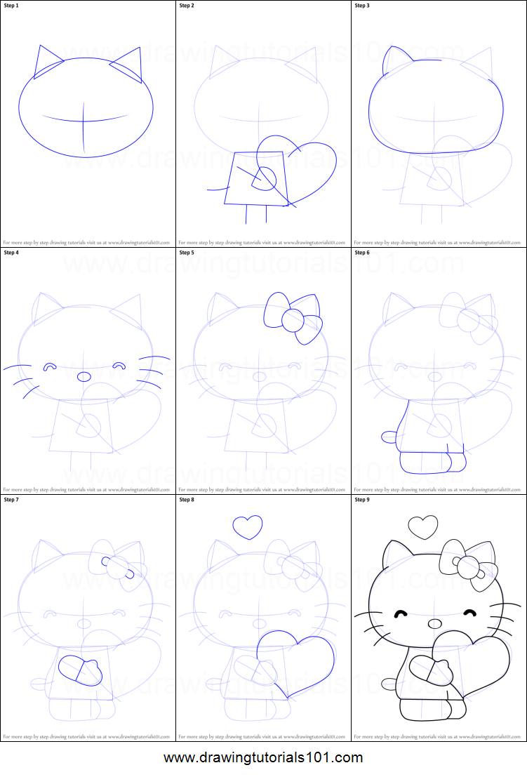 751x1107 How To Draw Hello Kitty With Heart Printable Step - Hello Kitty Drawing Step By Step