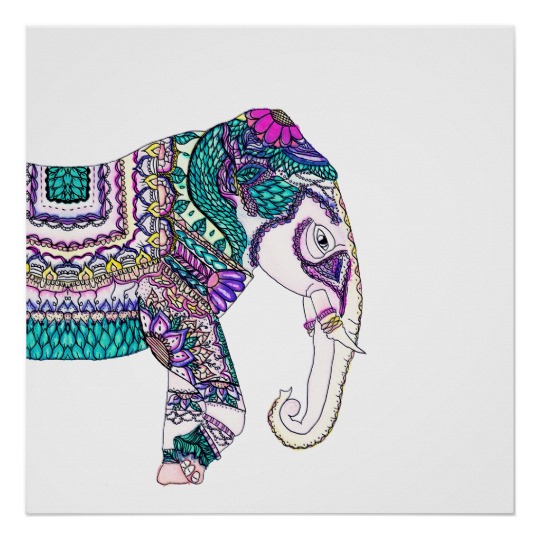 540x540 Boho Bright Watercolor Tribal Henna Elephant Poster - Henna Elephant Drawing