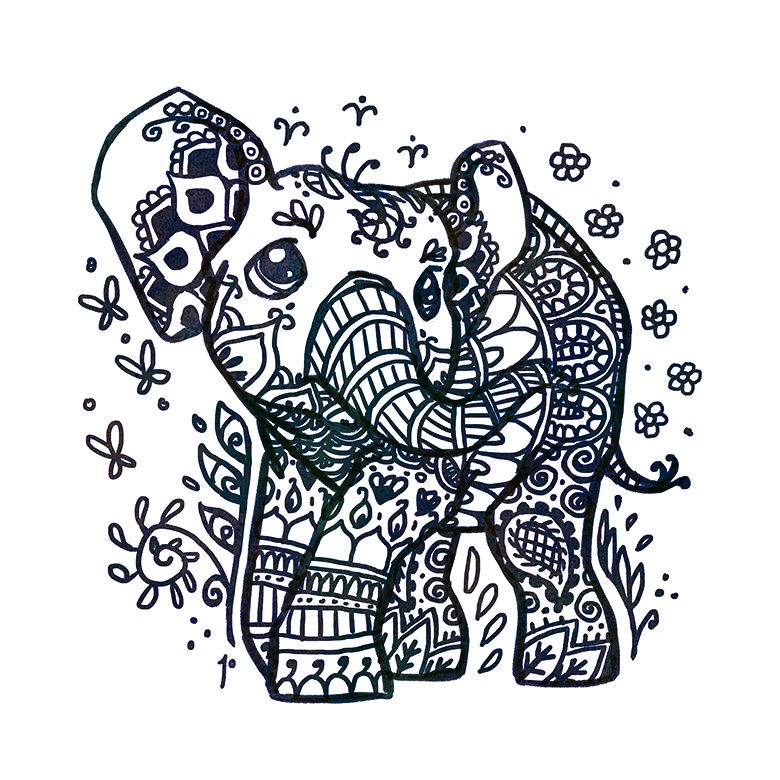 780x780 Elephant Art Print, Elephant Baby Print - Henna Elephant Drawing