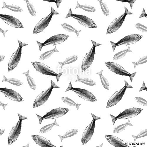500x500 watercolor drawing seamless pattern with fish, herring on white - Herring Drawing