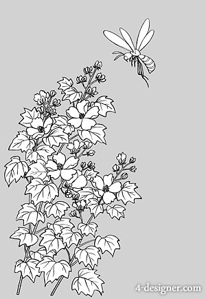 300x434 Designer Japanese Line Drawing Of Plant Flowers Vector - Hibiscus Flower Line Drawing