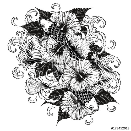 500x500 Koi Fish And Hibiscus Tattoo - Hibiscus Tattoo Drawing