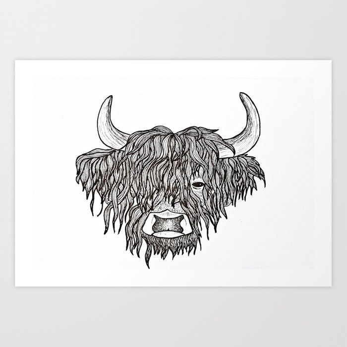 700x700 highland cow pen drawing art print - Highland Cow Drawing