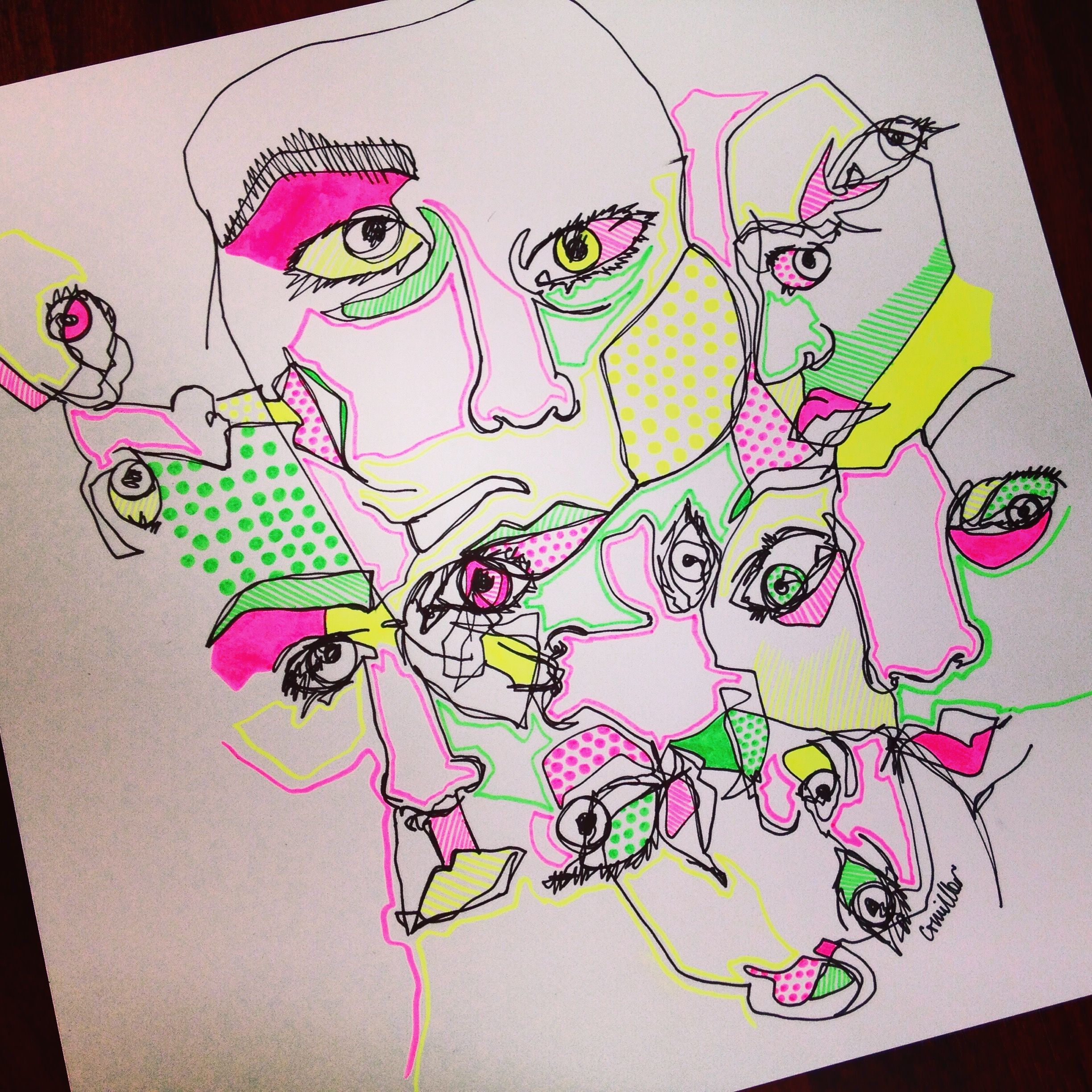 2447x2447 Self Portrait Blind Contour Drawings In Black Ink, Accented - Highlighter Drawings