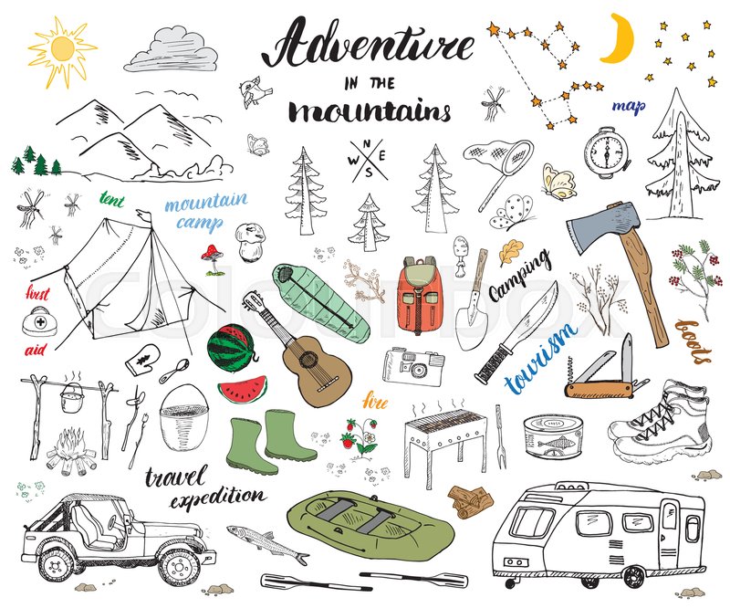 800x666 Camping, Hiking Hand Drawn Sketch Stock Vector Colourbox - Hiking Drawing