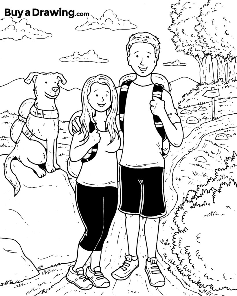819x1024 Couple Hiking With Their Dog Custom Cartoon Drawing - Hiking Drawing