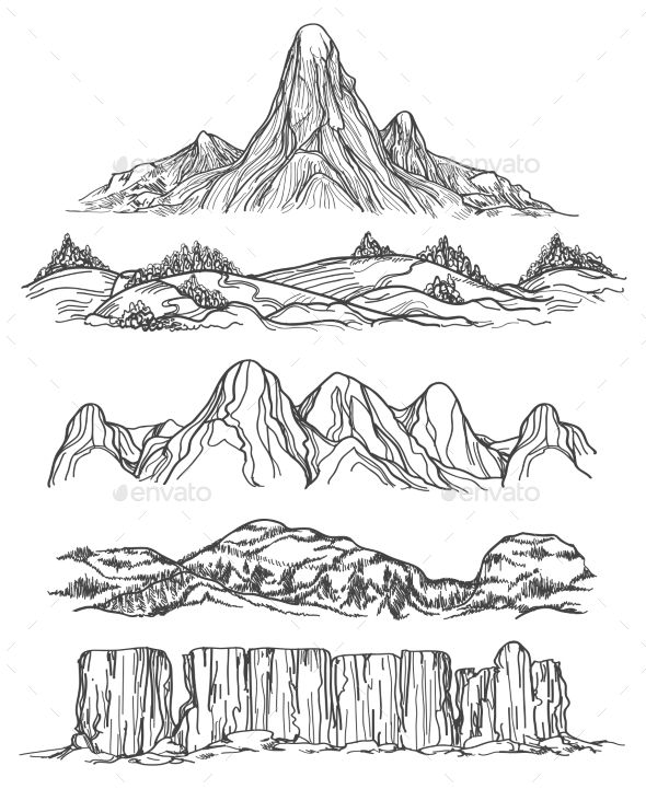 590x721 Hand Drawn Mountains And Hills - Hill Drawing