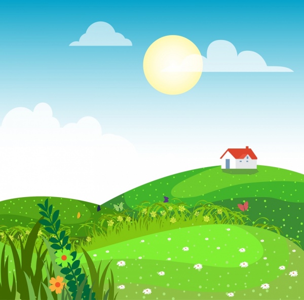 600x592 rural landscape drawing green hill grass cottage icons free vector - Hill Drawing