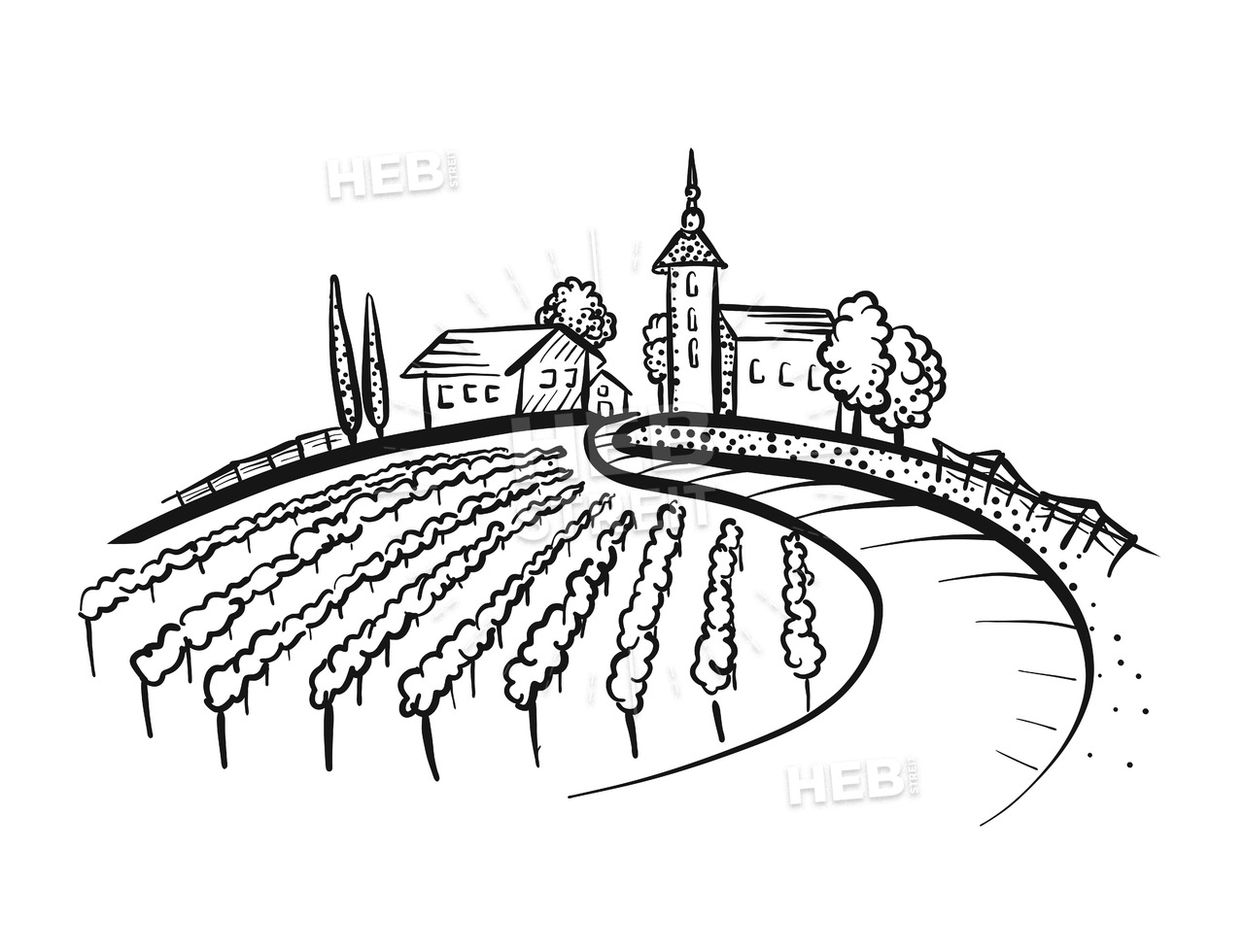 1280x980 vineyard drawing with path and houses on hill hebstreits sketches - Hill Drawing