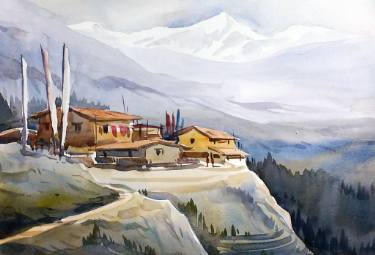 375x255 Himalaya Mountain Village Painting - Himalaya Drawing