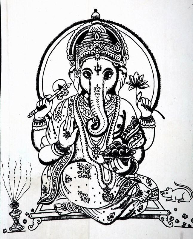 646x800 black and white hindu lord ganesha cotton tapestry wall hanging - Hindu Elephant God Drawing