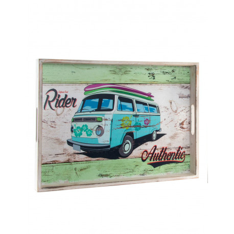 458x458 Exclusive Tray Distressed Wood Style Hippie With A Drawing Of Van - Hippie Van Drawing