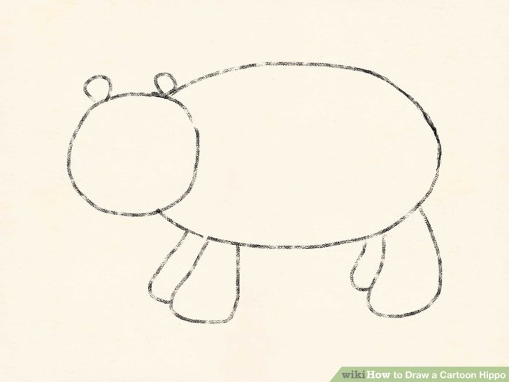 728x546 How To Draw A Cartoon Hippo Steps - Hippo Line Drawing