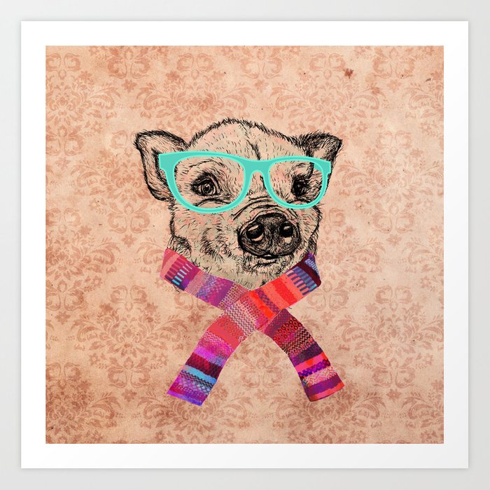 700x700 Funny Cute Pig Drawing Teal Geek Hipster Glasses Art Print - Hipster Glasses Drawing