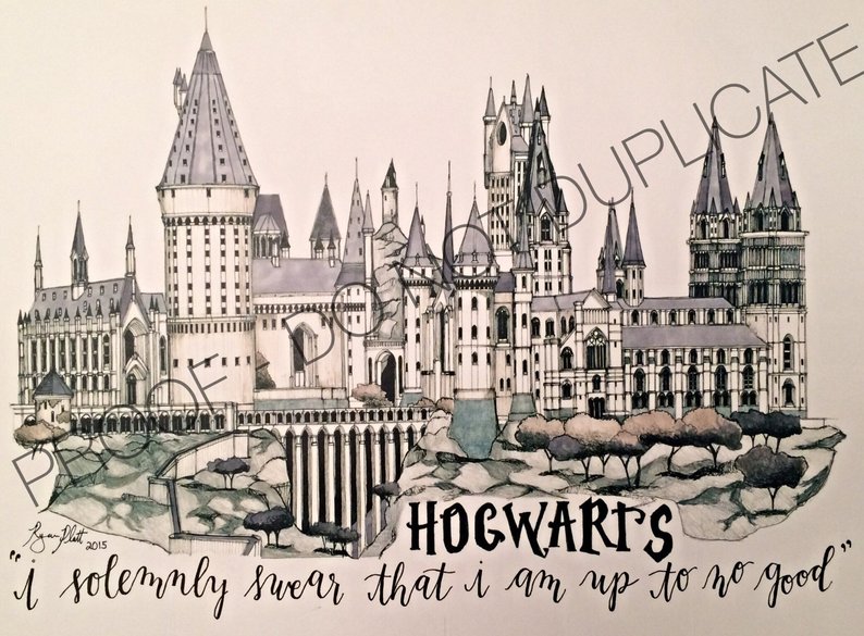 794x585 harry potter hogwarts ink drawing with custom quote etsy - Hogwarts Drawing