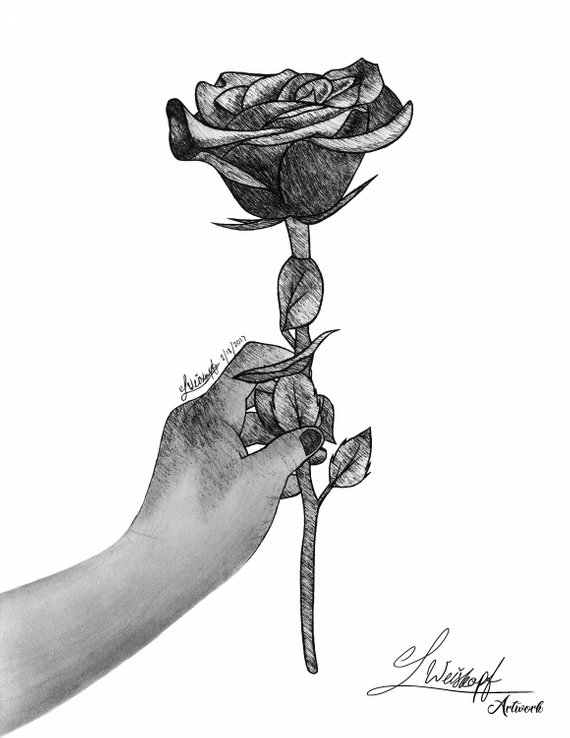 570x738 Print Inkpencil Art Semi Realistic Hand Holding Rose Etsy - Holding A Rose Drawing