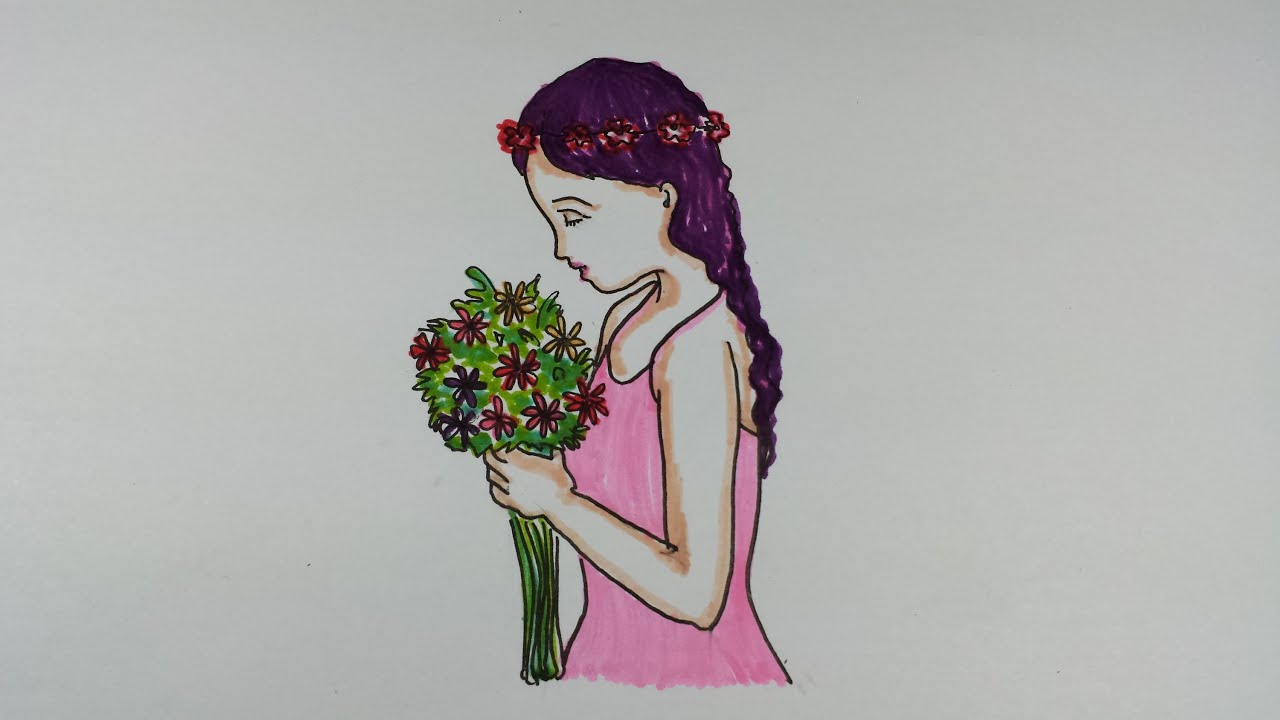 1280x720 Drawing Tutorial How To Draw A Girl Holding A Bouquet Of Flowers - Holding A Rose Drawing