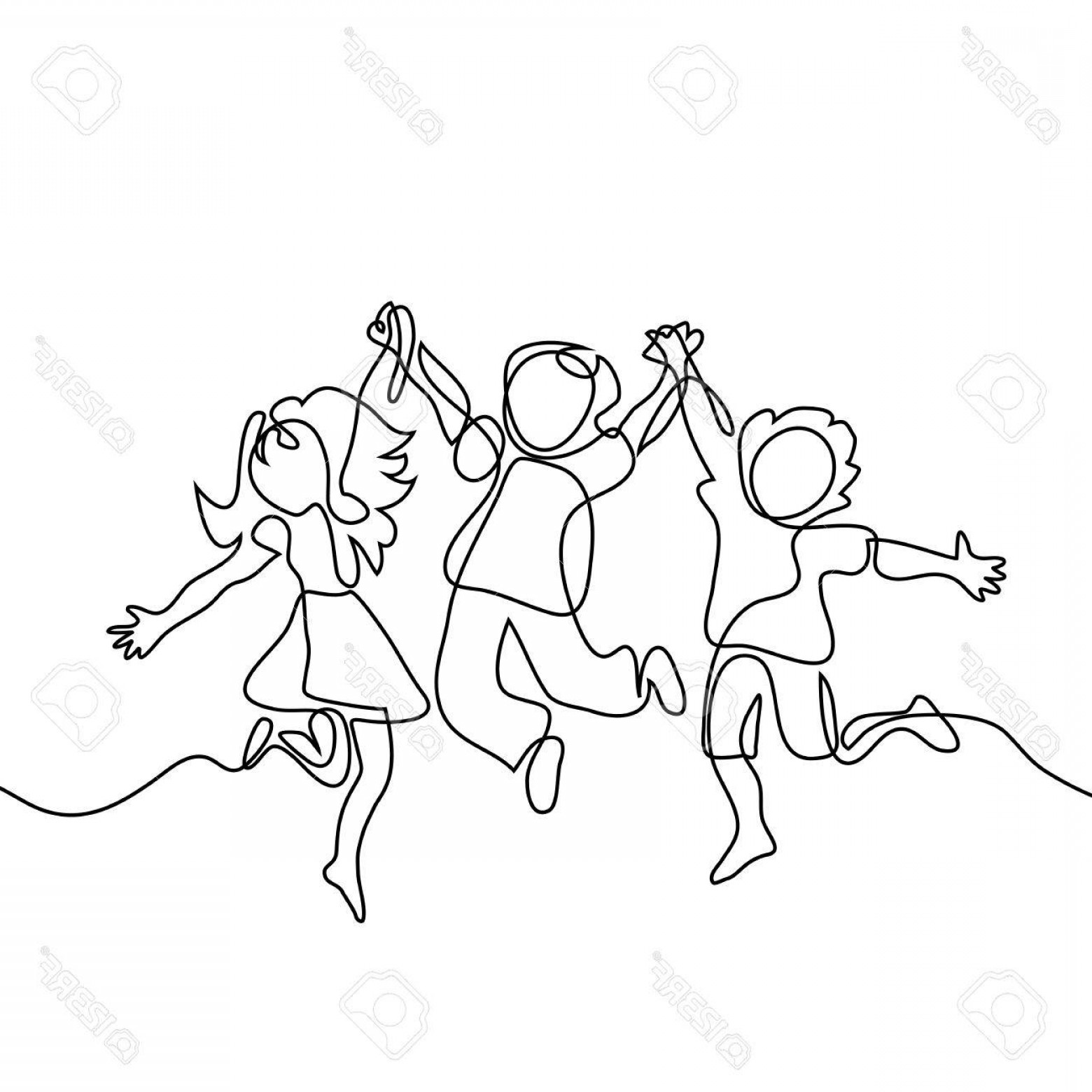 1560x1560 Photostock Vector Happy Jumping Children Holding Hands Continuous - Holding Hands Black And White Drawing