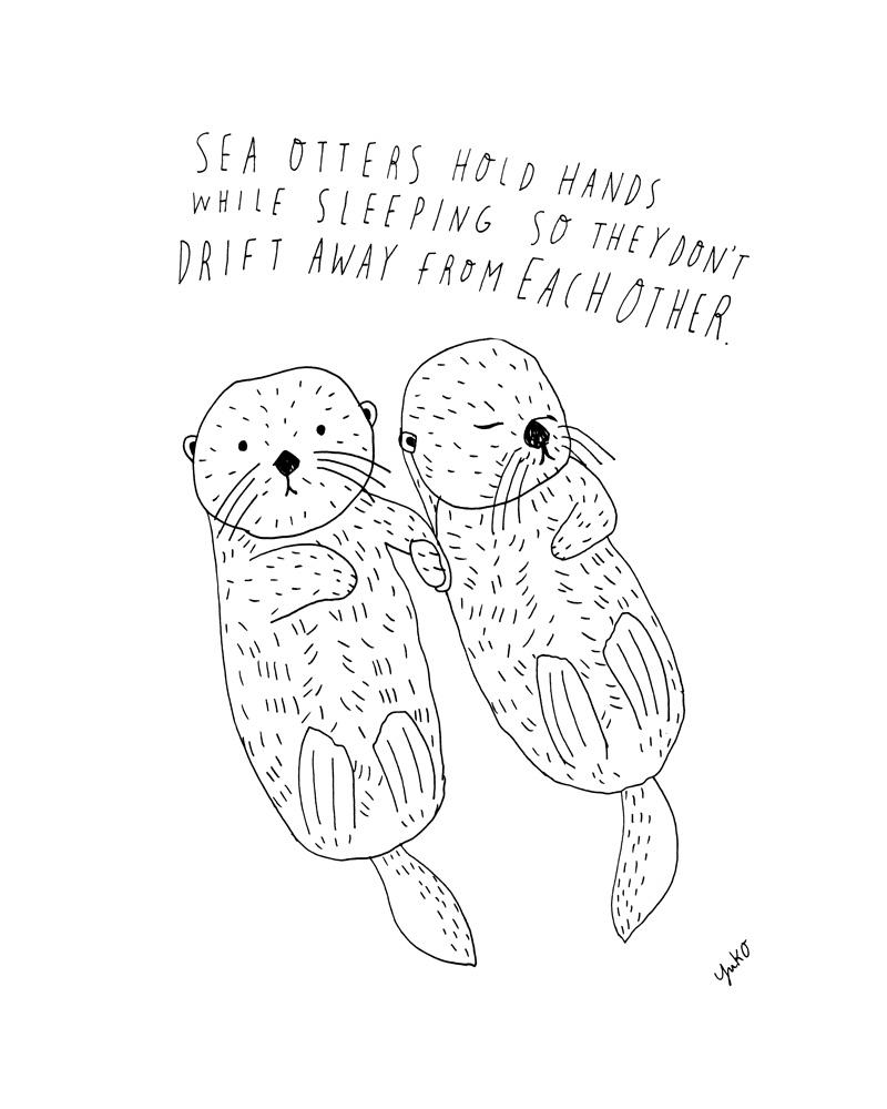 800x1000 sea otters holding hands, giclee art print honeyberry studios - Holding Hands Black And White Drawing