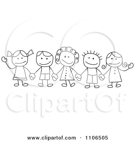450x470 clipart black and white stick drawing of multi ethnic children - Holding Hands Black And White Drawing