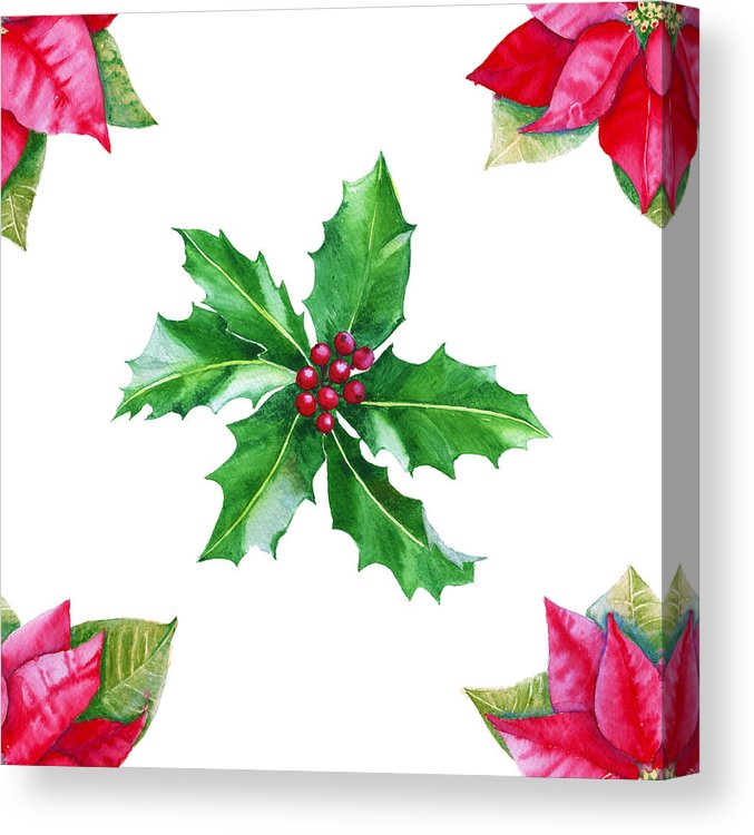 677x750 Background With Poinsettia And Holly Leaves Seamless Pattern - Holly Leaf Drawing