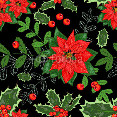 400x400 Seamless Pattern With Winter Plants - Holly Leaves And Berries Drawing