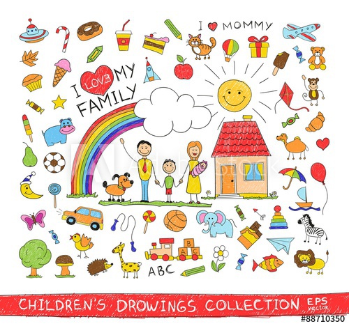 500x468 Child Hand Drawing Illustration Of Happy Family With Kids Near - Home Cartoon Drawing