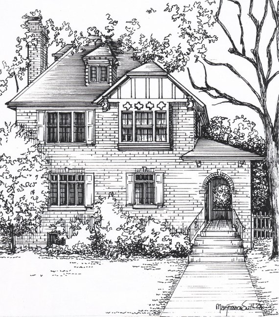 570x646 Custom House Sketch Hand Drawn Home Portrait In Ink Etsy - Home Drawing Sketch