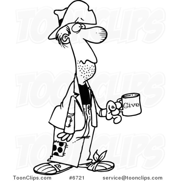 581x600 cartoon black and white line drawing of a homeless guy holding - Homeless Person Drawing
