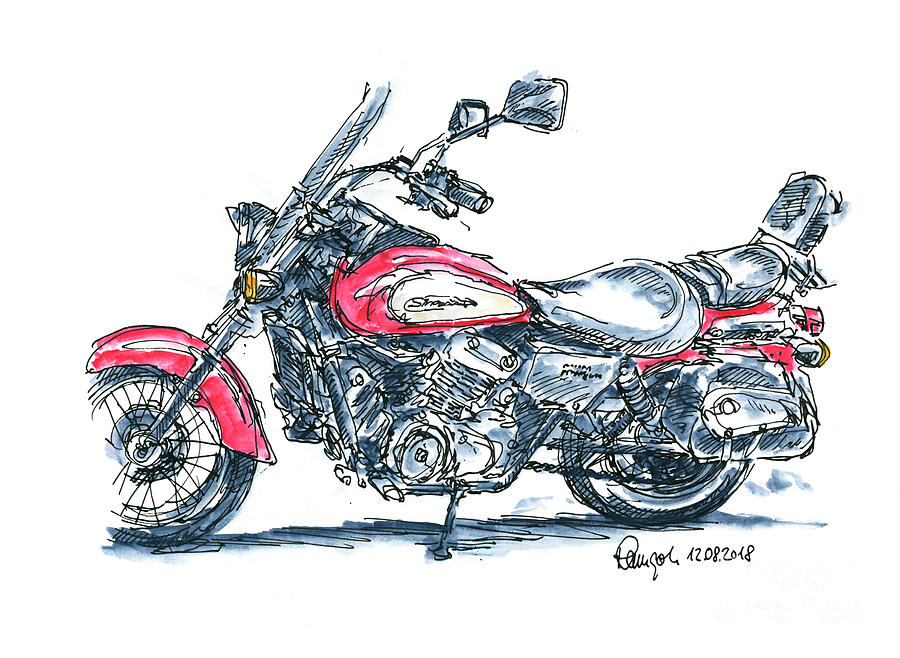 900x658 honda vt shadow motorcycle ink drawing and watercolor - Honda Motorcycle Drawing