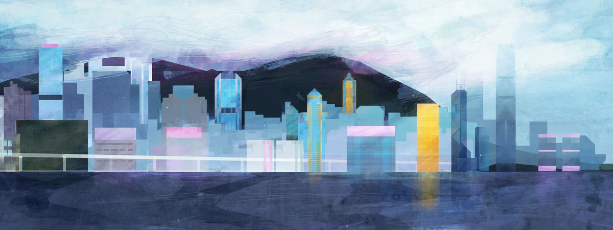 1200x450 Hong Kong Harbour - Hong Kong Skyline Drawing