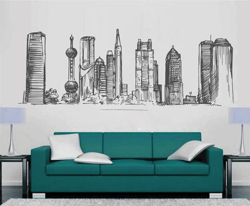 794x656 hong kong skyline wall decals pencil drawing hong kong wall etsy - Hong Kong Skyline Drawing