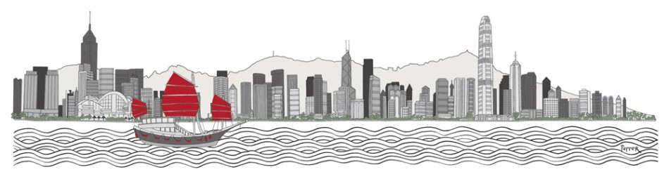 950x255 Hong Kong Skyline With Red Aqua Luna Rob Pepper - Hong Kong Skyline Drawing