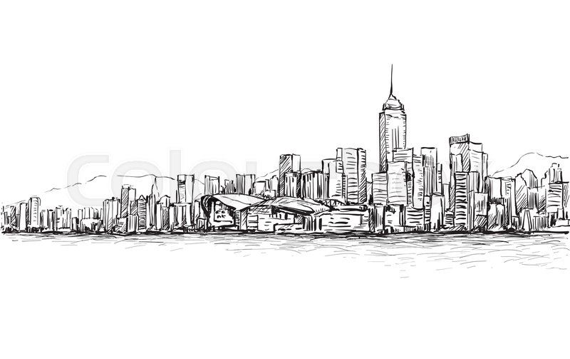 800x503 Sketch Of Cityscape In Hong Kong Show Stock Vector Colourbox - Hong Kong Skyline Drawing