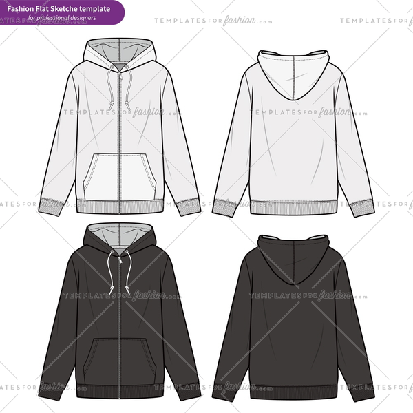 600x600 zip up hoodie fashion flat technical drawing vector template - Hoodie Flat Drawing